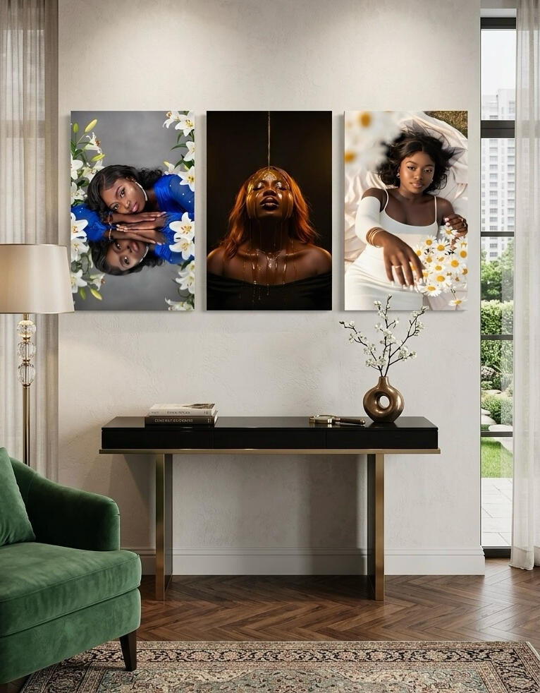 Processus de transformation d'une photo d'une femme noire élégante portant une robe en satin bleu électrique et des boucles d'oreilles blanches pendantes. Éclairage de studio professionnel, style éditorial de mode.