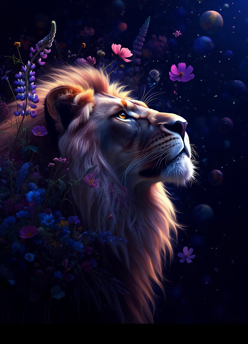Art numérique d'un lion regardant vers le haut dans un ciel nocturne cosmique rempli de planètes et d'étoiles. Sa crinière est mêlée de fleurs pourpres et bleues. Illustration de style fantaisie et cosmique avec des jeux de lumière éthérés par Chashab Grap