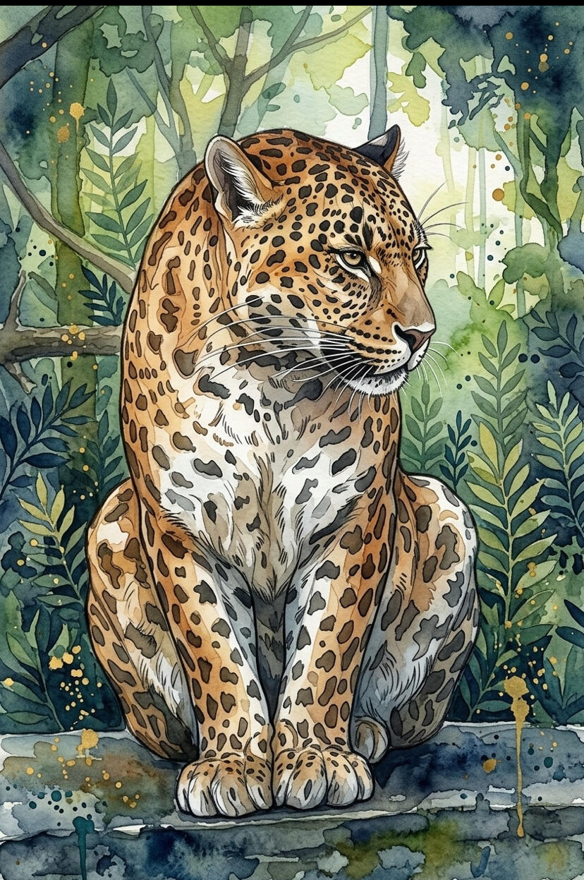 Peinture numérique d'un léopard (ou jaguar) assis dans une jungle dense. Style aquarelle avec des contours délicats et des touches d'encre dorée. Tons verts, bleus et ocre. Illustration animalière haut de gamme réalisé par Chashab Grapho