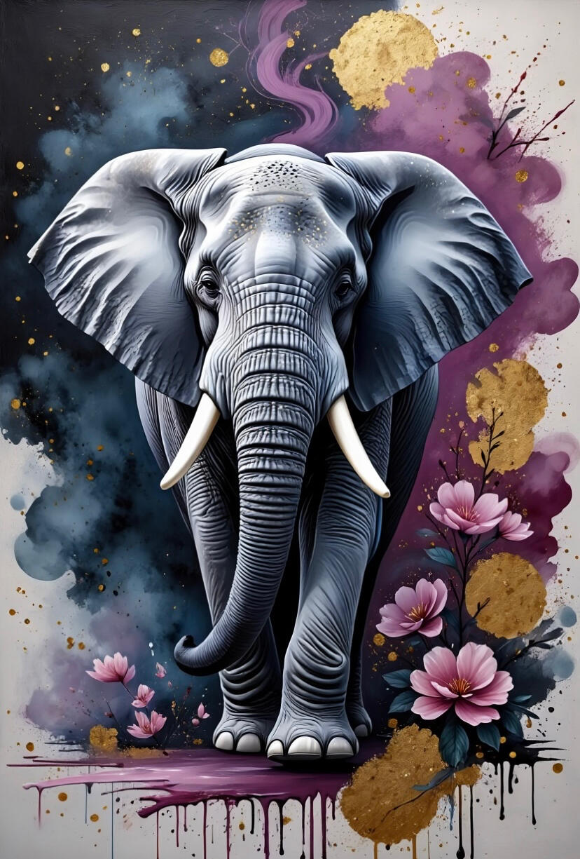 Peinture numérique d'un éléphant de face, style réaliste contemporain de Chashab Grapho, fond abstrait pourpre et or avec fleurs de cerisier et feuille d'or.