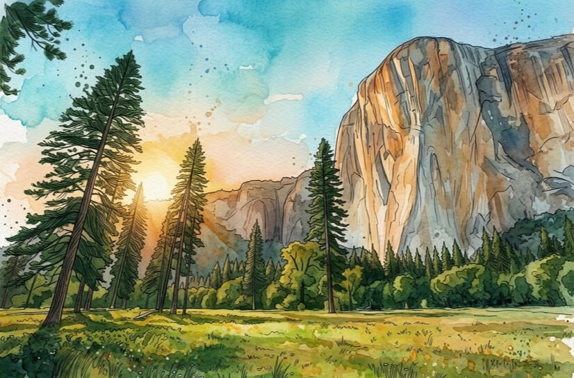 Illustration de paysage numérique style aquarelle et encre, inspirée de Yosemite (Half Dome) au lever du soleil, créée par Chashab Grapho. Idéal pour art d'ambiance et design d'intérieur.