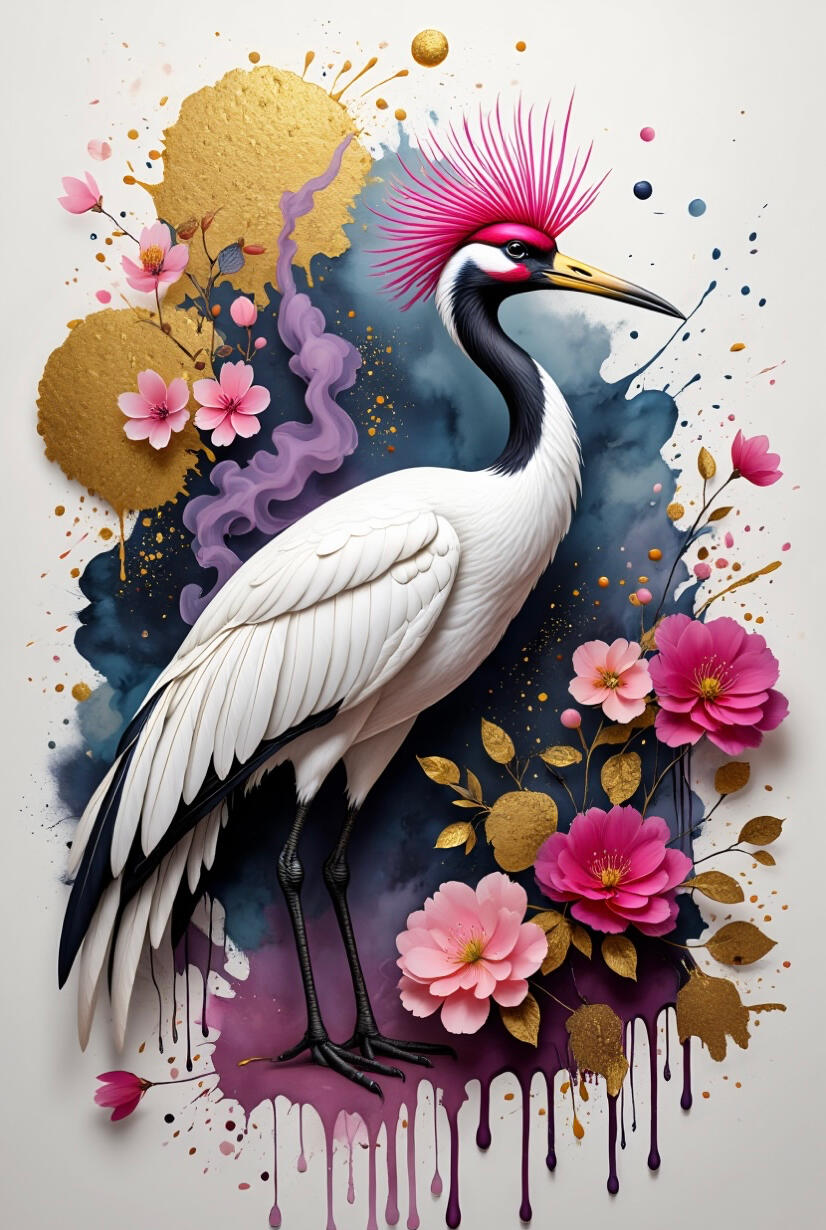 Illustration d'art numérique d'une grue avec un plumage écarlate vif sur la tête. La grue est debout sur un fond d'encre indigo et violet texturé avec des éclaboussures d'or et des pivoines roses. Design de style illustration botanique par Chashab Grapho.