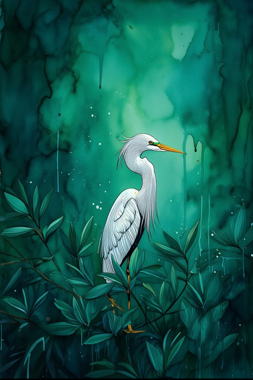Illustration d'art numérique par Chashab Grapho : une aigrette blanche au centre d'une jungle de feuillage vert émeraude, style aquarelle zen, art mural contemporain.