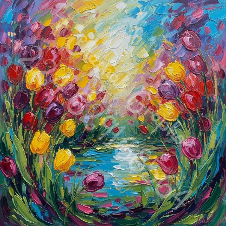 Art numérique style impressionniste représentant un champ de tulipes colorées au bord de l'eau sous une lumière vive, par Chashab Grapho.
