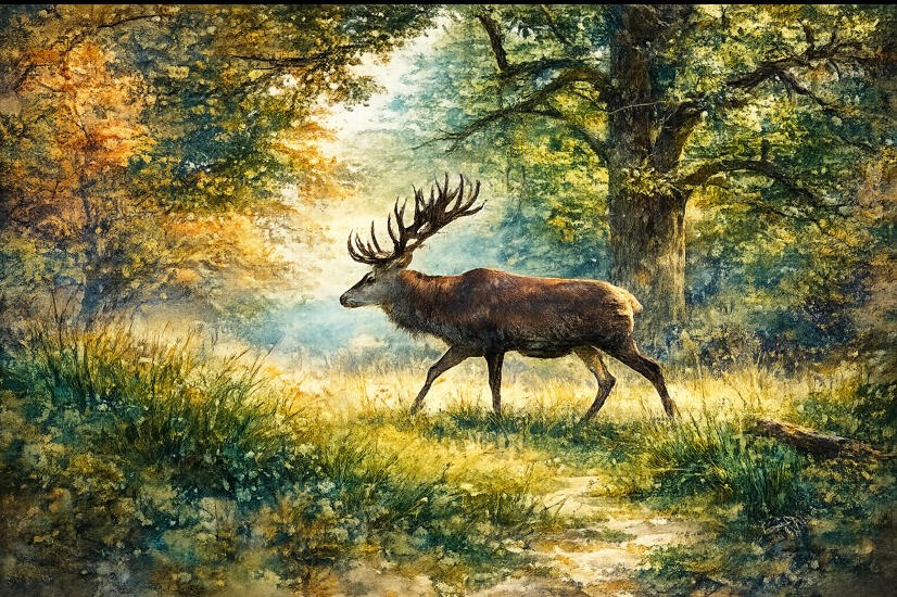 Peinture numérique d'un grand cerf marchant dans une forêt d'automne brumeuse, lumière dorée dramatique à travers les arbres, art visuel réaliste créé par Chashab Grapho.