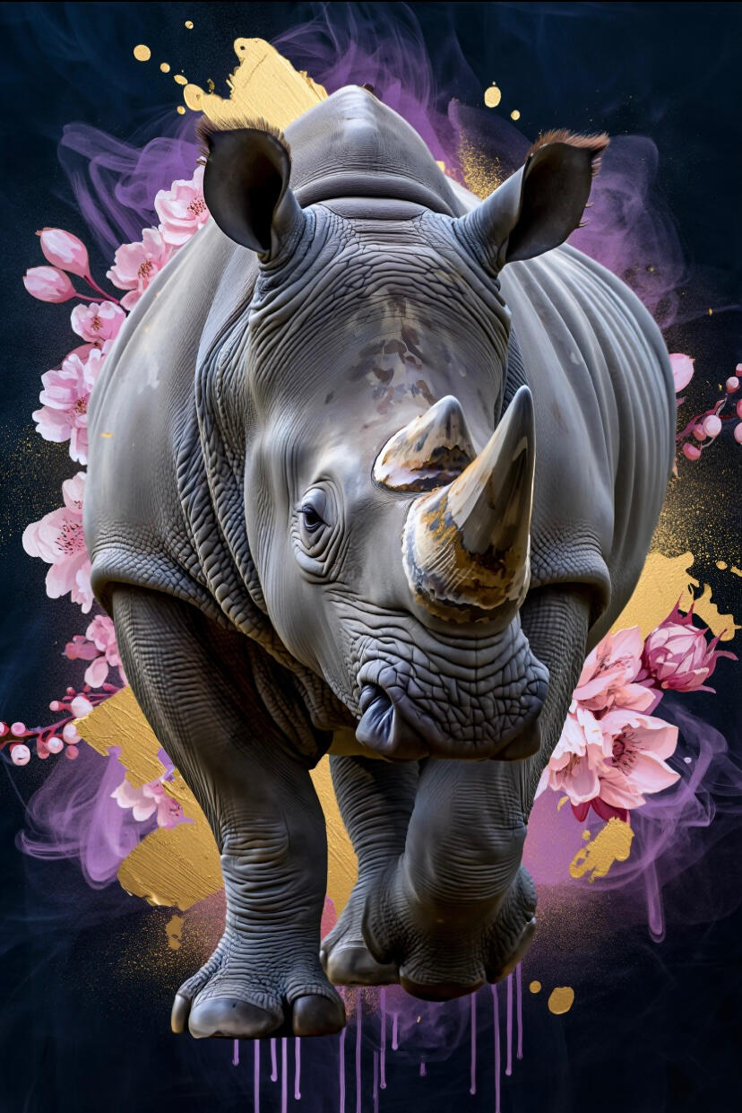 Art numérique de Chashab Grapho montrant un rhinocéros de face, textures réalistes sur fond abstrait pourpre et or avec fleurs roses, art contemporain de la faune.