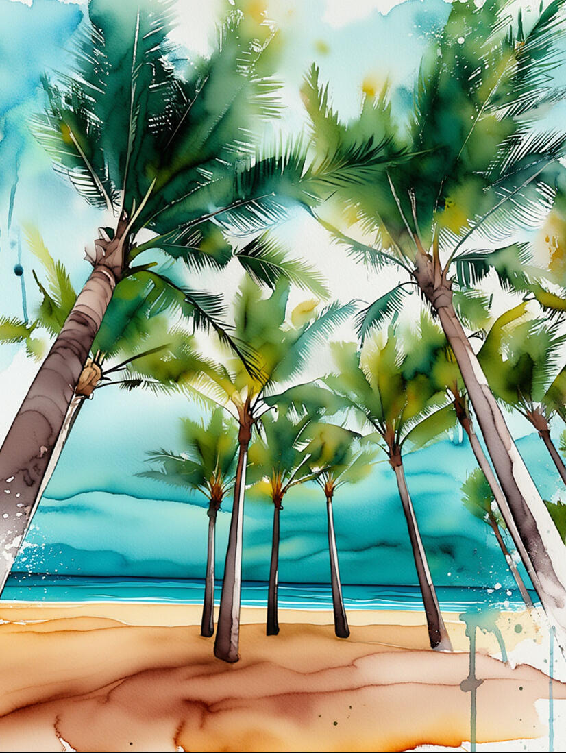 Illustration en aquarelle numérique de palmiers tropicaux sur une plage de sable fin. Palette de couleurs turquoise, vert émeraude et terre de Sienne. Style artistique fluide, des effets de transparence d'eau de mer et de ciel azur, créé par Chashab Grapho