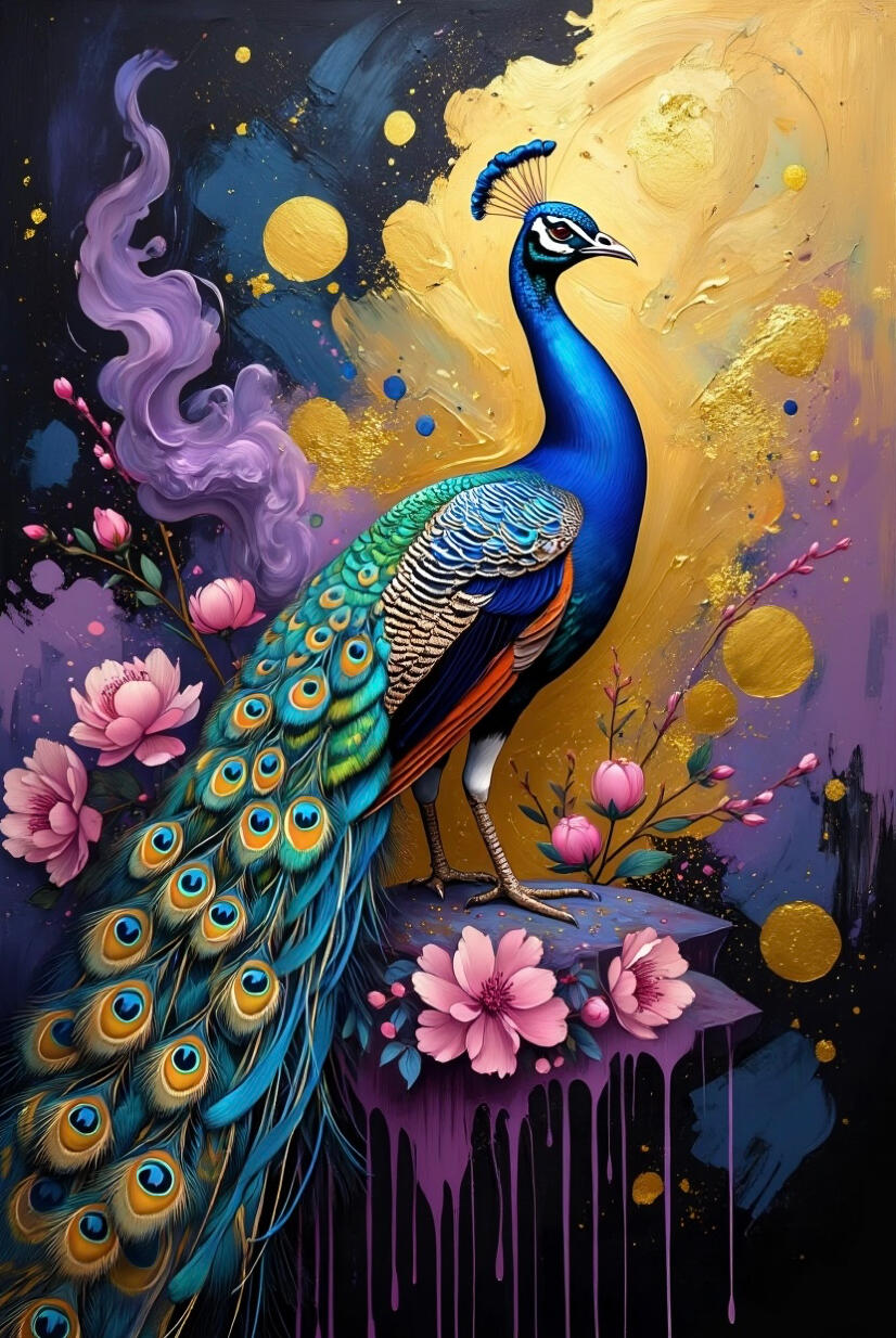 Peinture numérique d'un paon royal sur un perchoir abstrait violet, entouré de fleurs de cerisier roses et d'éclats de feuille d'or, style art contemporain de Chashab Grapho.