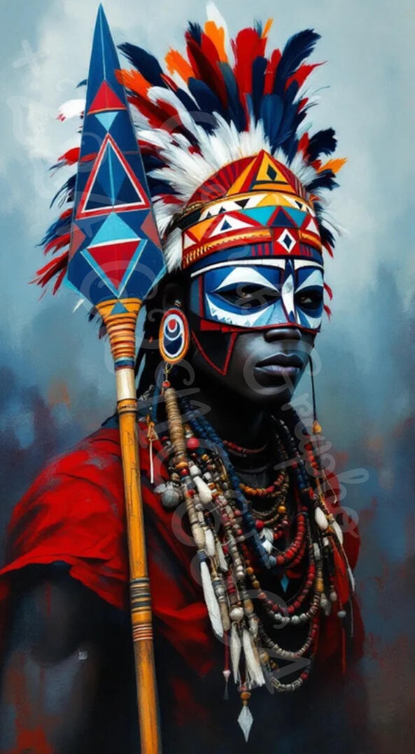 Portrait d'un guerrier africain avec peinture faciale géométrique et coiffe de plumes colorées, art numérique par Chashab Grapho
