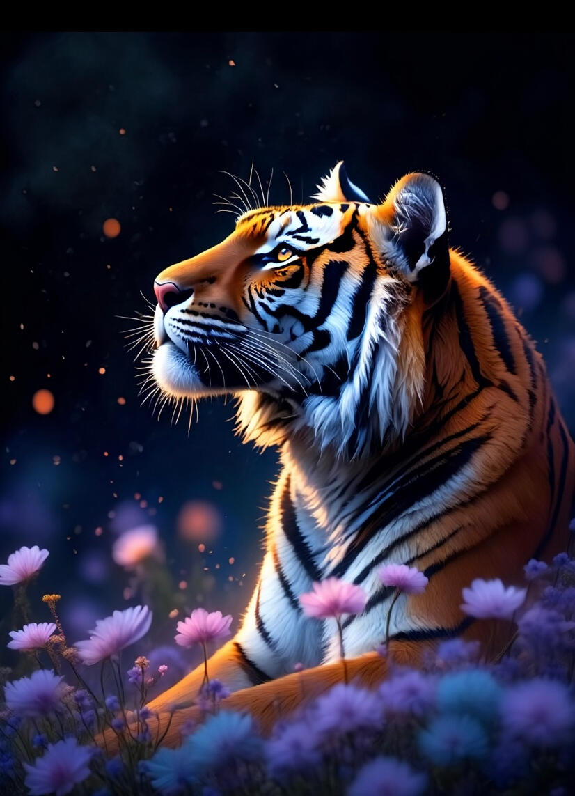 Illustration d'art numérique représentant un tigre assis dans un champ de fleurs sauvages pourpres et bleues la nuit. Le fond noir est parsemé de lucioles et de bokeh éthéré. Style illustration de nature et fantastique par Chashab Grapho.