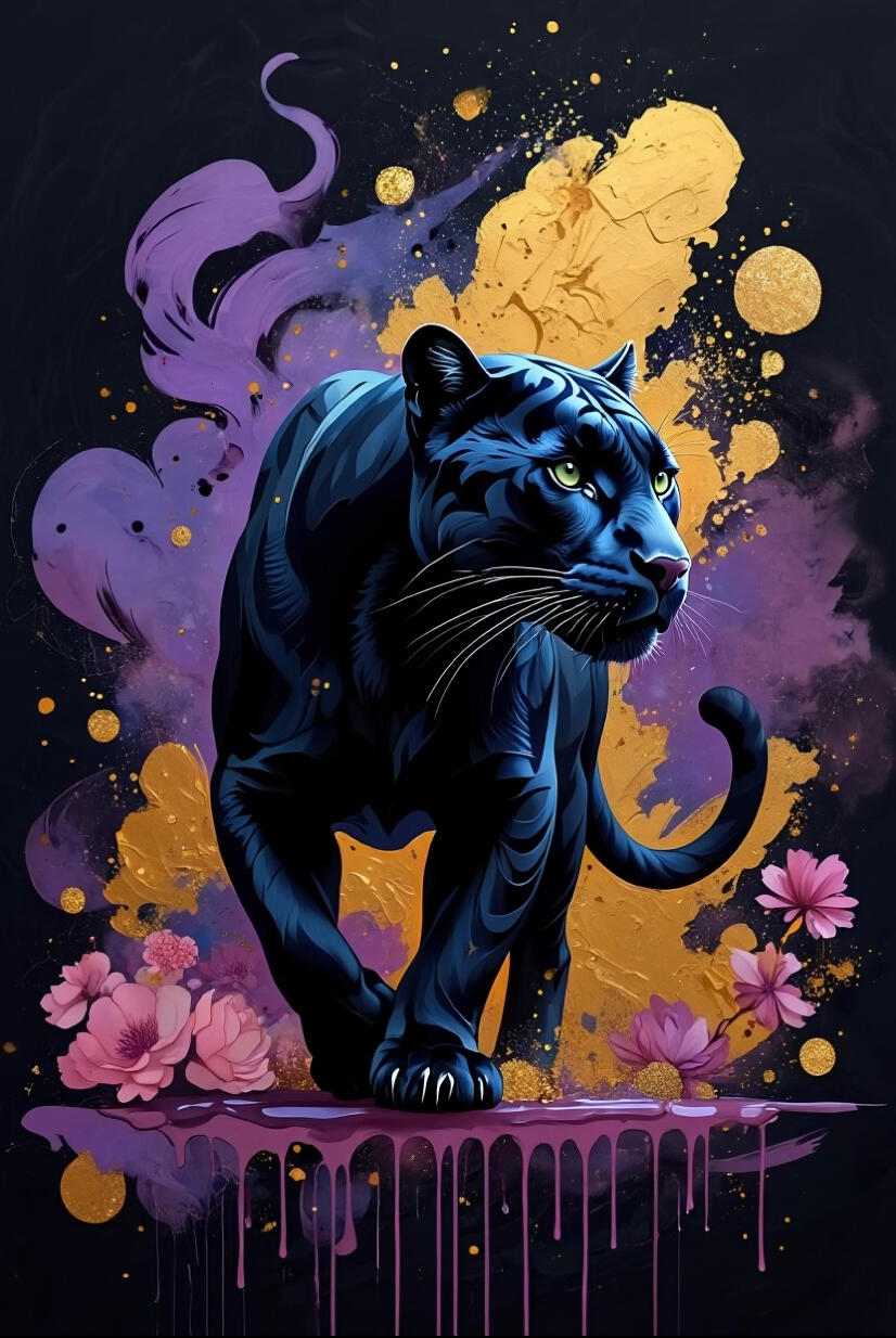 Illustration d'art numérique d'une panthère noire marchant sur une plateforme de peinture violette dégoulinante. Fond noir dramatique avec des éclaboussures texturées d'or et de pourpre, et des fleurs de pivoine roses. Style illustration graphique sophisti