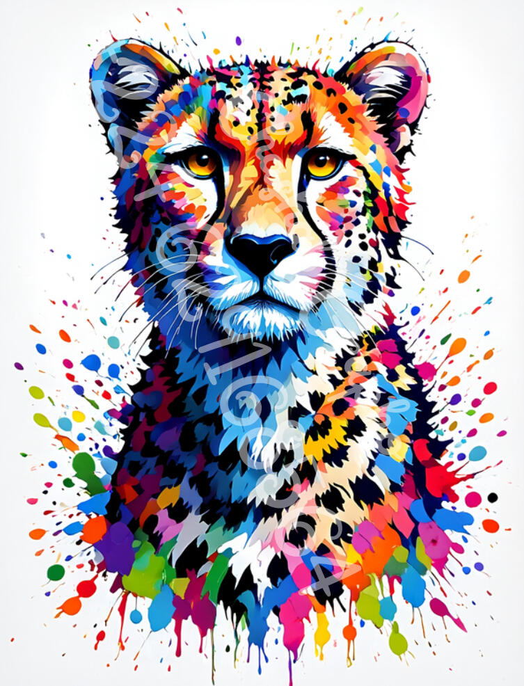 Portrait numérique d'un guépard aux couleurs vives et style peinture éclatée, création artistique par Chashab Grapho.