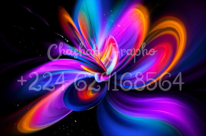 Composition numérique abstraite de formes fluides et lumineuses violettes et oranges sur fond noir, par Chashab Grapho.