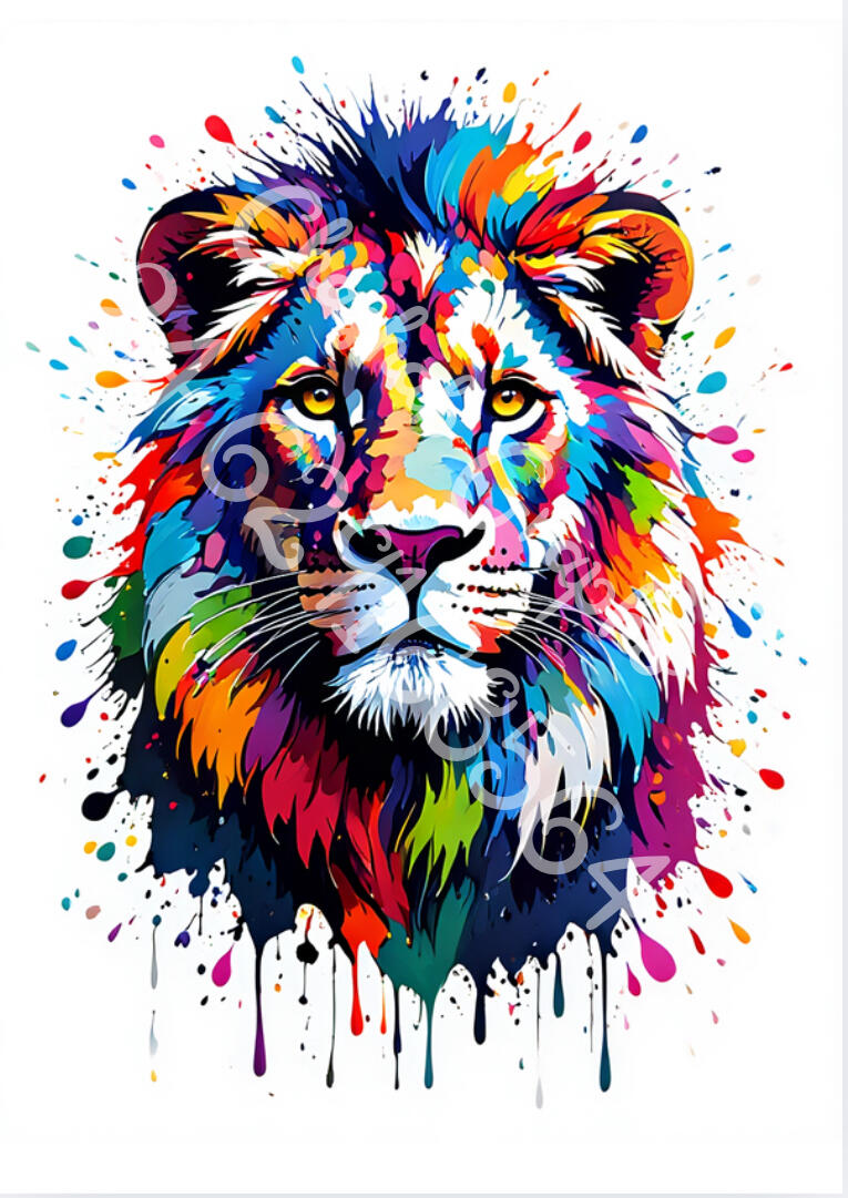 Illustration numérique d'une tête de lion majestueux en style pop art avec des projections de peinture colorées par Chashab Grapho.