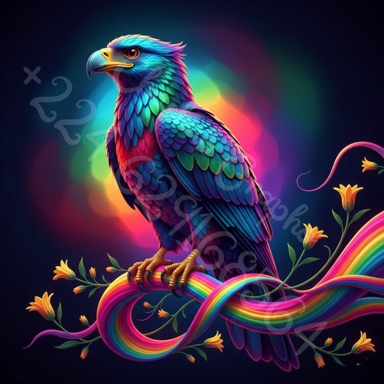 Art numérique d'un aigle aux plumes multicolores perché sur une branche lumineuse, style fantastique par Chashab Grapho.