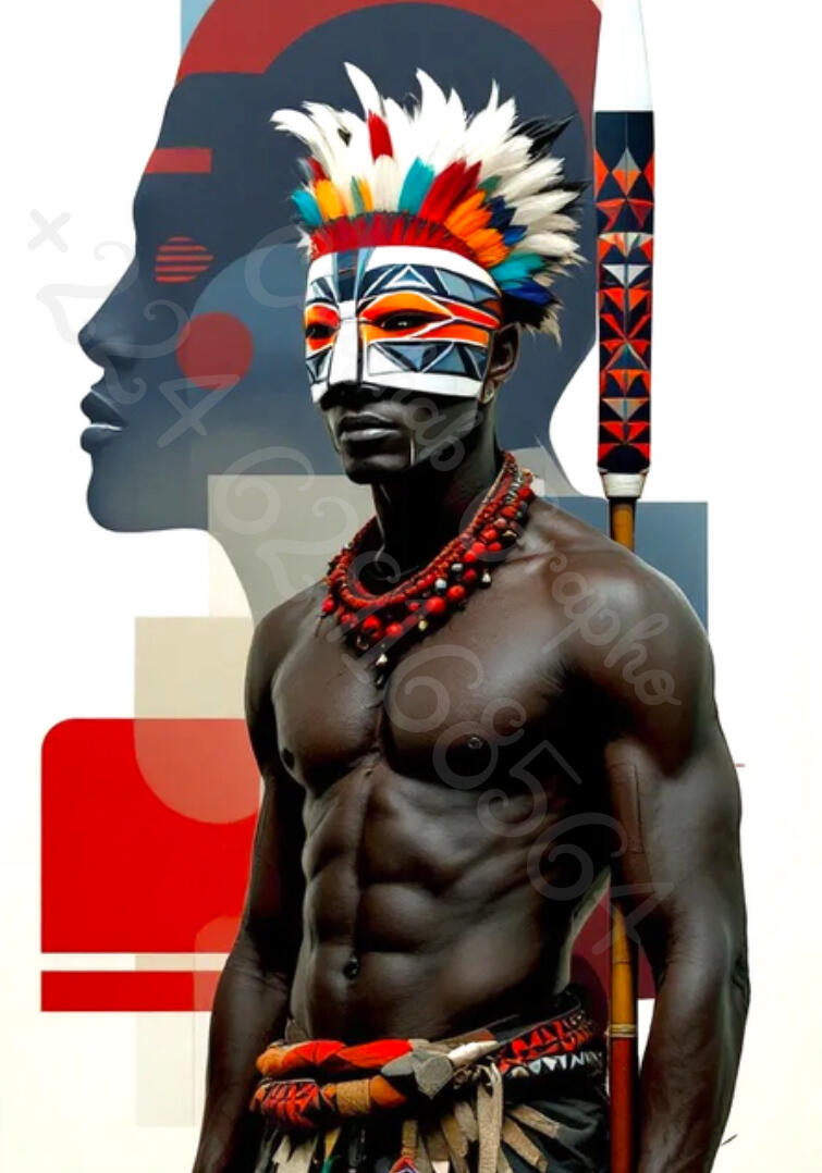 Composition graphique montrant un homme à la musculature saillante et masque traditionnel sur fond abstrait rouge et bleu par Chashab Grapho.
