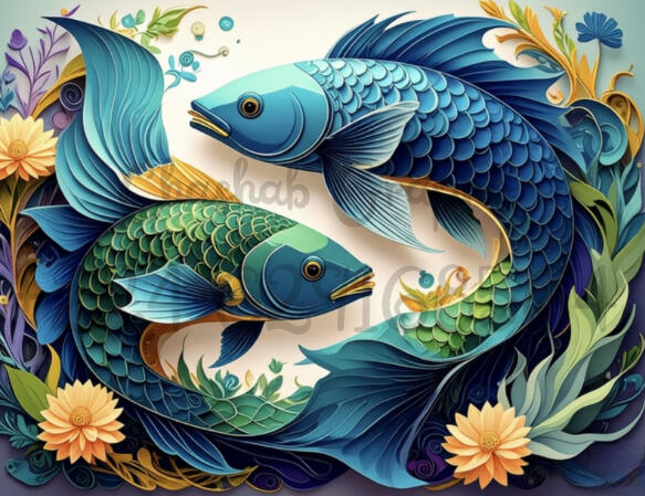 Illustration numérique de deux poissons stylisés bleu et vert, style papier découpé (paper-cut) avec fleurs dorées et détails de textures par le designer Chashab Grapho.