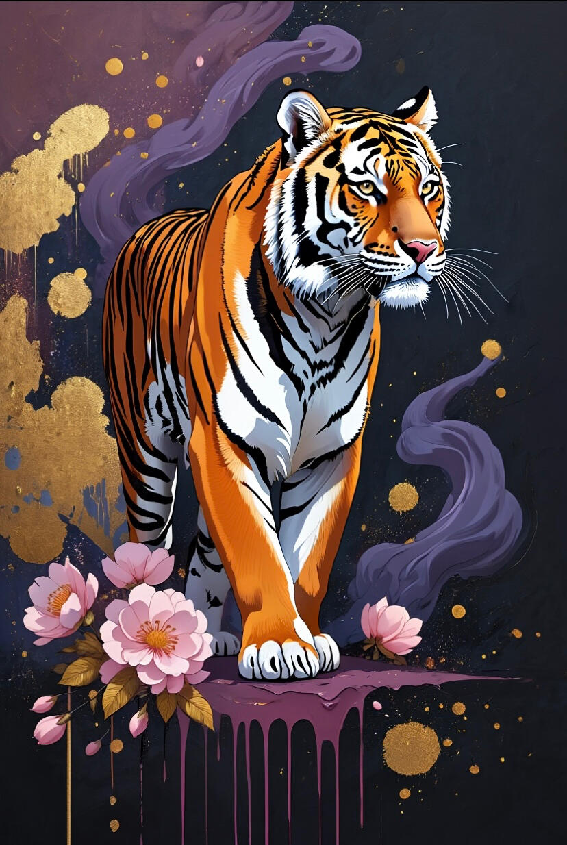 Art numérique de style illustration représentant un tigre marchant sur une plateforme de peinture violette. L'œuvre mélange réalisme et graphisme avec de la fumée pourpre tourbillonnante, des éclaboussures d'or sur un fond noir texturé, et des fleurs de ce