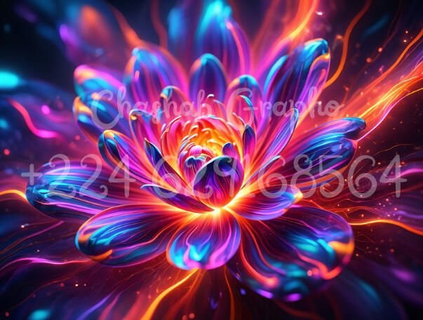 Illustration numérique d'une fleur de lotus éclatante aux couleurs néon bleu et orange, design floral abstrait par Chashab Grapho