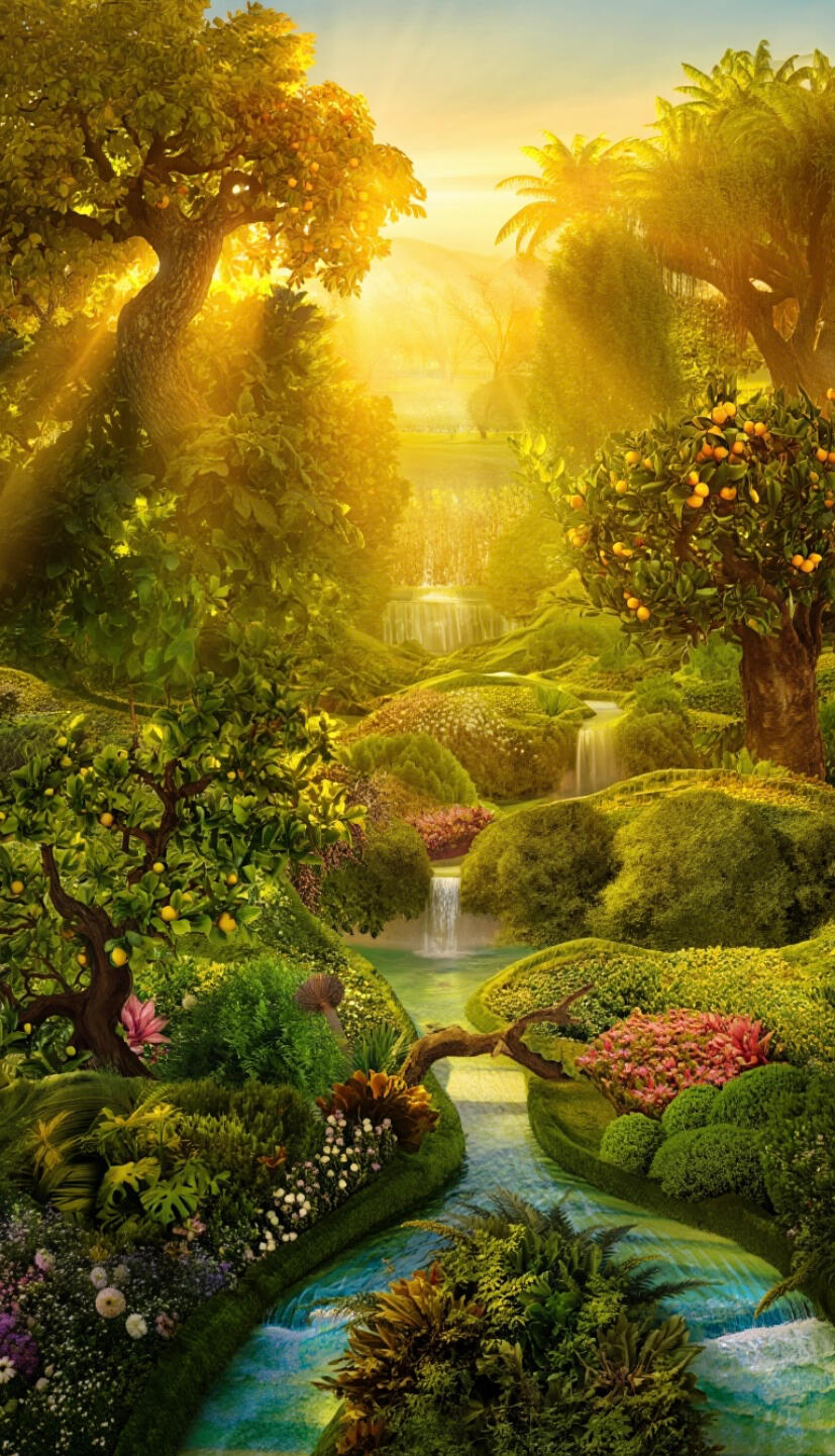 Composition d'art numérique d'un jardin luxuriant fantastique, lumière divine dorée, arbres fruitiers, cascade et rivière, paysage onirique créé par Chashab Grapho.