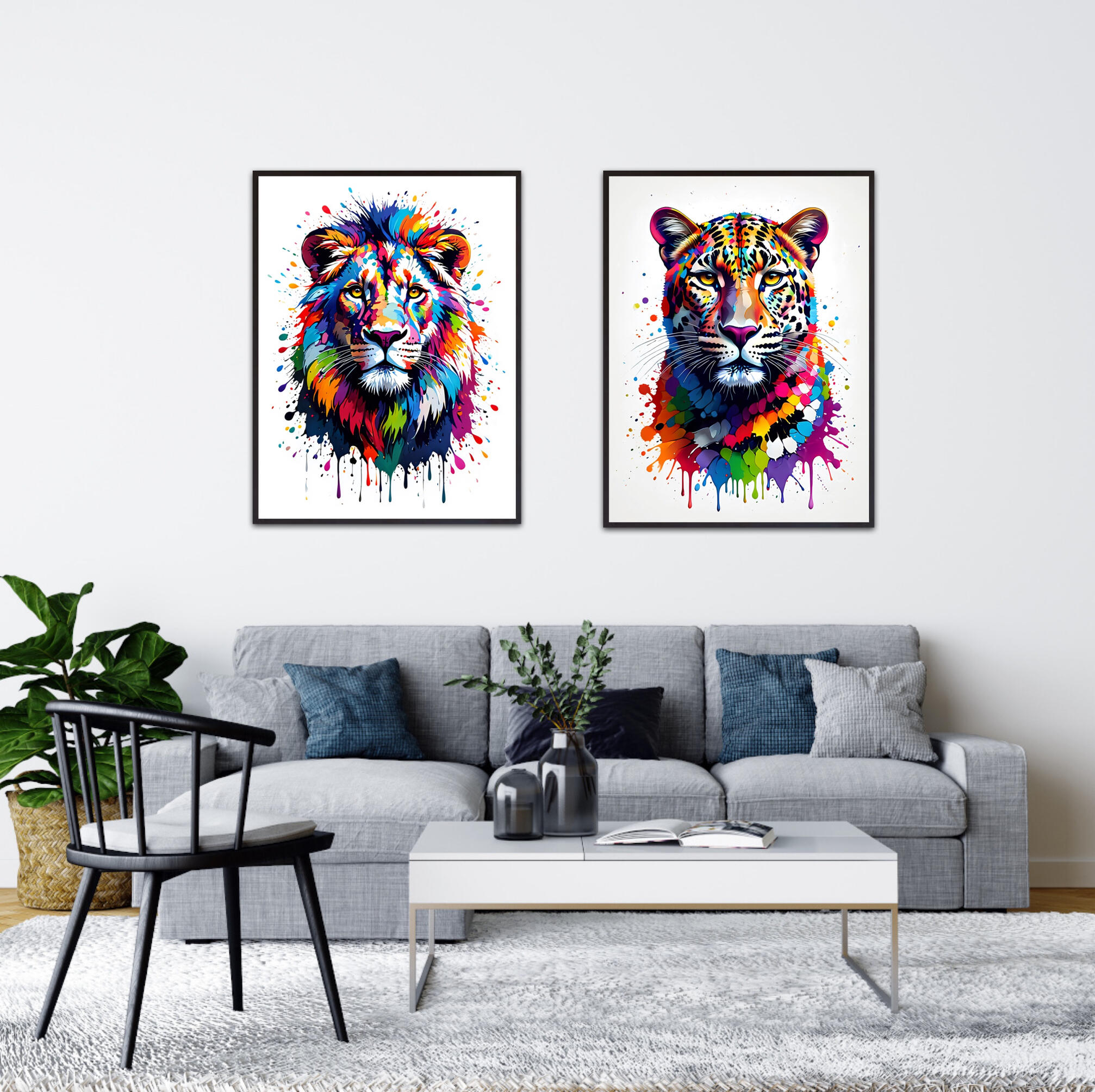 Diptyque d'un lion et d'un léopard multicolores avec projections de peinture, tableau animalier moderne pour salon par Chashab Grapho.