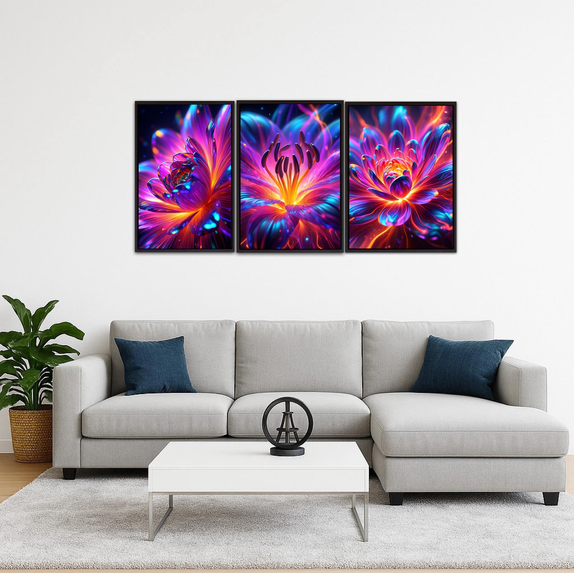 Composition de trois tableaux de fleurs abstraites lumineuses installée au-dessus d'un canapé, art digital pour décoration par Chashab Grapho.