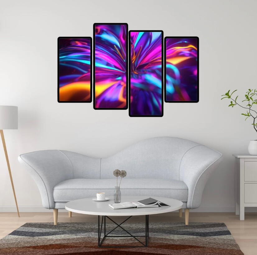 Tableau abstrait avec lignes de lumière fluides violettes et bleues, art digital pour décoration d'intérieur haut de gamme par Chashab Grapho.