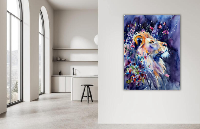 Tableau d'art numérique représentant un lion de profil dans un style aquarelle vibrant, entouré de fleurs violettes et bleues. L'œuvre est exposée sur un mur blanc dans une cuisine moderne minimaliste avec de grandes fenêtres en arche. Design animalier col
