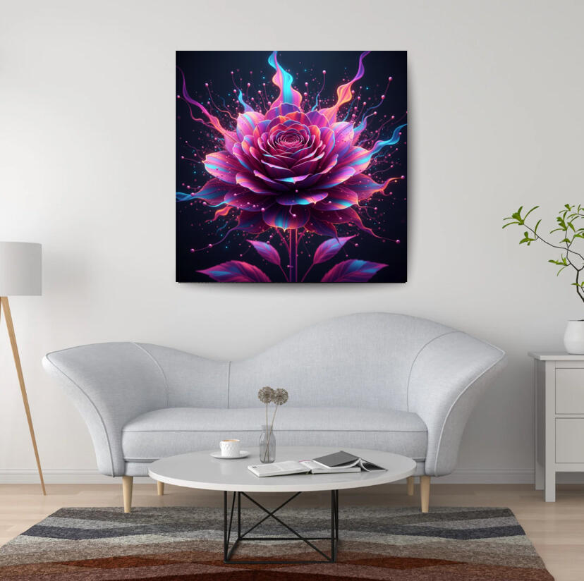 Art numérique d'une rose aux pétales néon rose et bleu avec particules lumineuses, design floral futuriste par l'artiste Chashab Grapho.