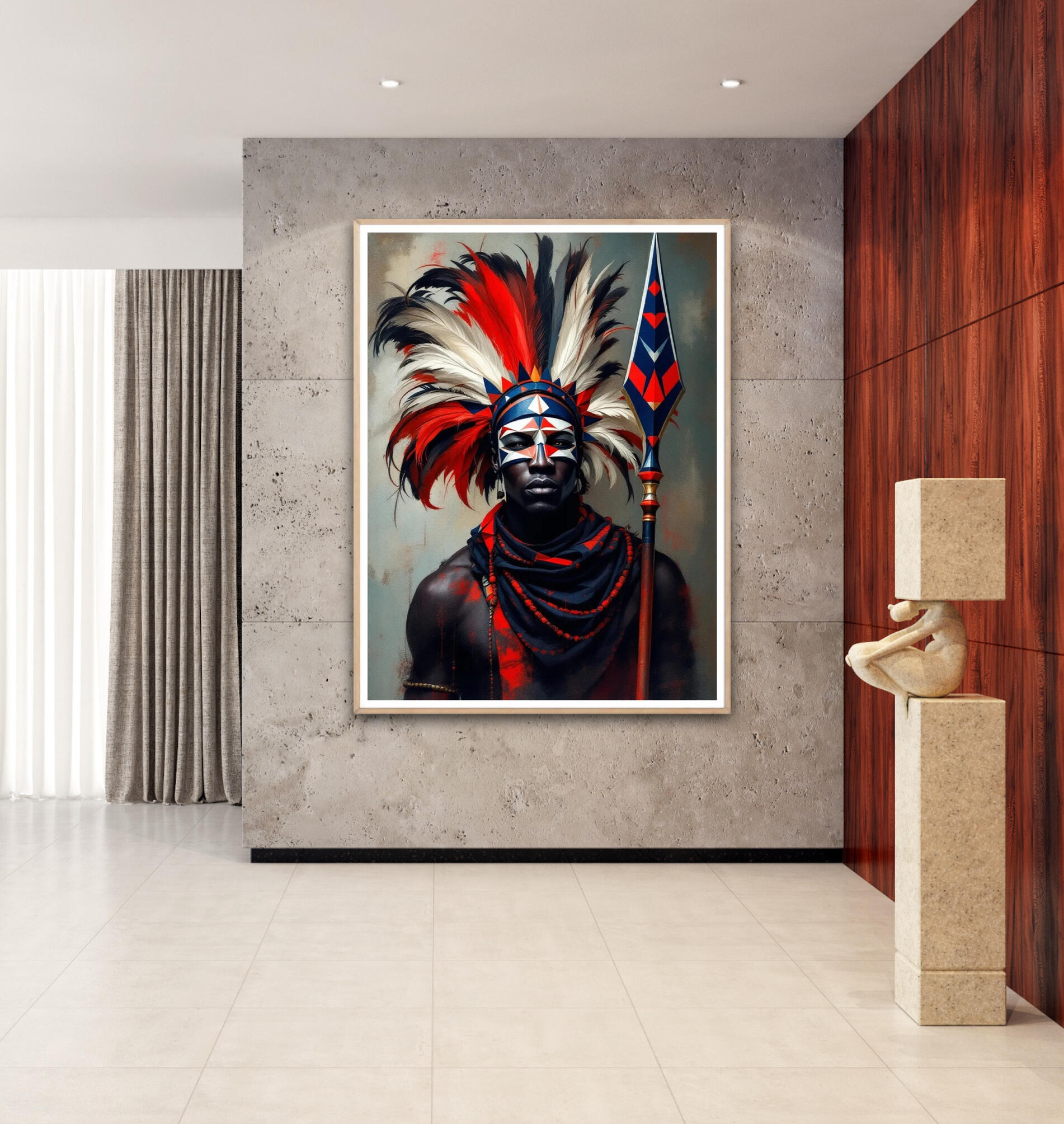 Peinture numérique d'un guerrier africain avec coiffe de plumes rouge et blanche et lance, art culturel contemporain par Chashab Grapho.