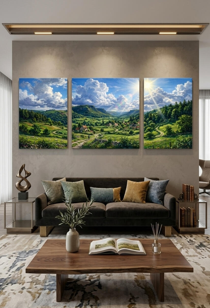Triptyque numérique représentant un paysage de campagne verdoyante sous un soleil éclatant. Artiste Chashab Grapho, style peinture à l'huile numérique réaliste.