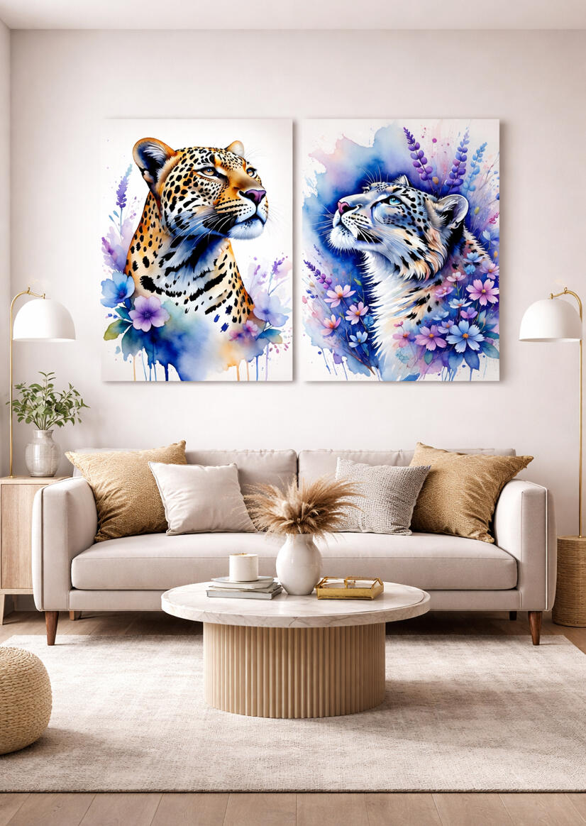 Paire de portraits animaliers numériques style aquarelle, léopard tacheté et panthère des neiges bleue. Création artistique Chashab Grapho pour intérieur épuré.