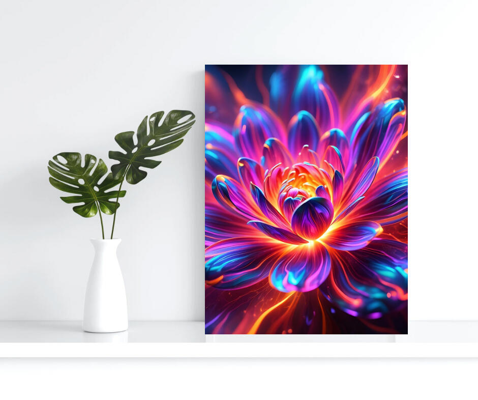 Une œuvre d'art numérique vibrante représentant une fleur de lotus stylisée aux pétales néon bleu, violet et orange. Le centre de la fleur brille intensément, créant un effet de lumière dynamique et moderne.