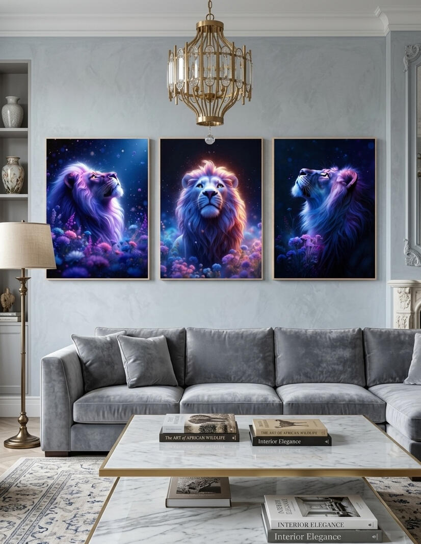 Série de trois tableaux numériques représentant un lion, un lionceau et une lionne dans une forêt nocturne lumineuse. Design visuel cyberpunk et onirique par Chashab Grapho.