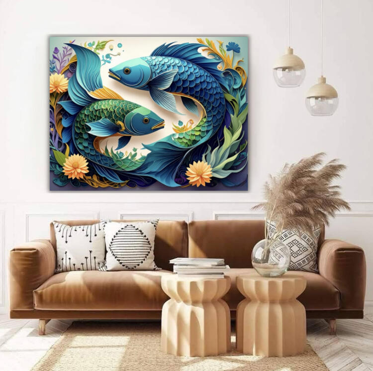 Illustration numérique de style paper-cut (papier découpé) représentant deux poissons stylisés en bleu et vert émeraude, entourés de fleurs de lotus orange et de feuillage aquatique. L'œuvre de Chashab Grapho montre des textures de couches de papier superp
