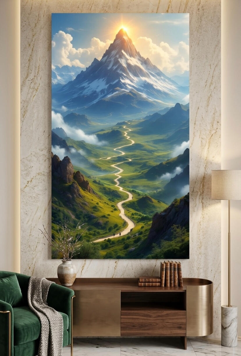 Illustration d'art numérique grand format représentant une montagne enneigée majestueuse avec un chemin sinueux et une rivière sous un soleil levant. L'œuvre est mise en scène dans un salon contemporain au design luxueux avec des finitions en marbre et boi