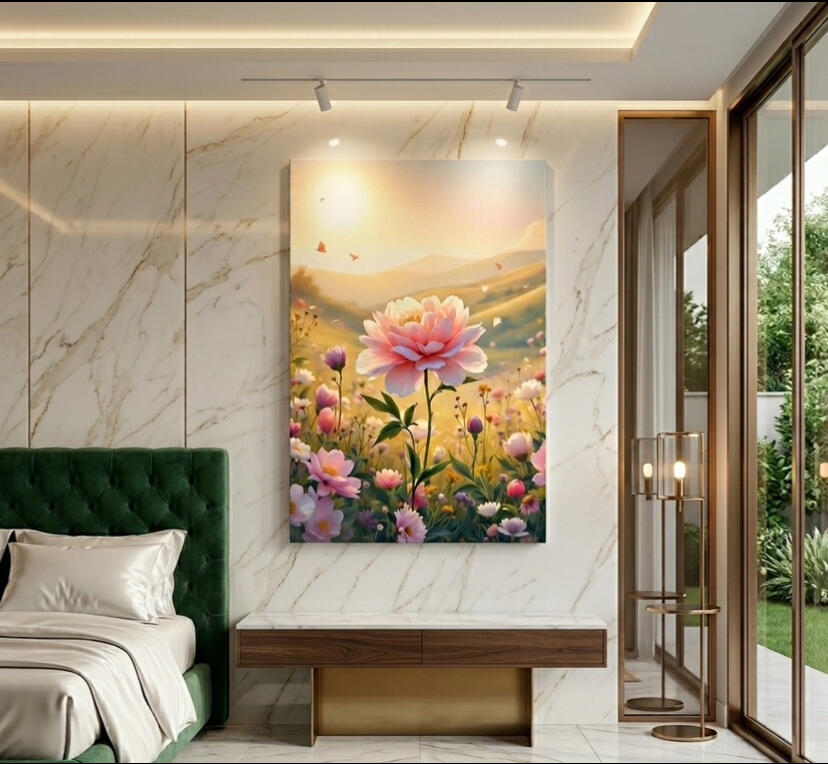 Illustration d'art numérique d'une pivoine rose géante dans un champ de fleurs sauvages au coucher du soleil. L'œuvre est exposée en grand format au-dessus d'un lit dans une chambre de luxe moderne avec murs en marbre et tête de lit en velours vert. Design