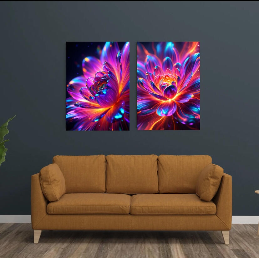 Tableau décoratif diptyque représentant des fleurs lumineuses violettes et orange sur un mur sombre, art numérique par Chashab Grapho.