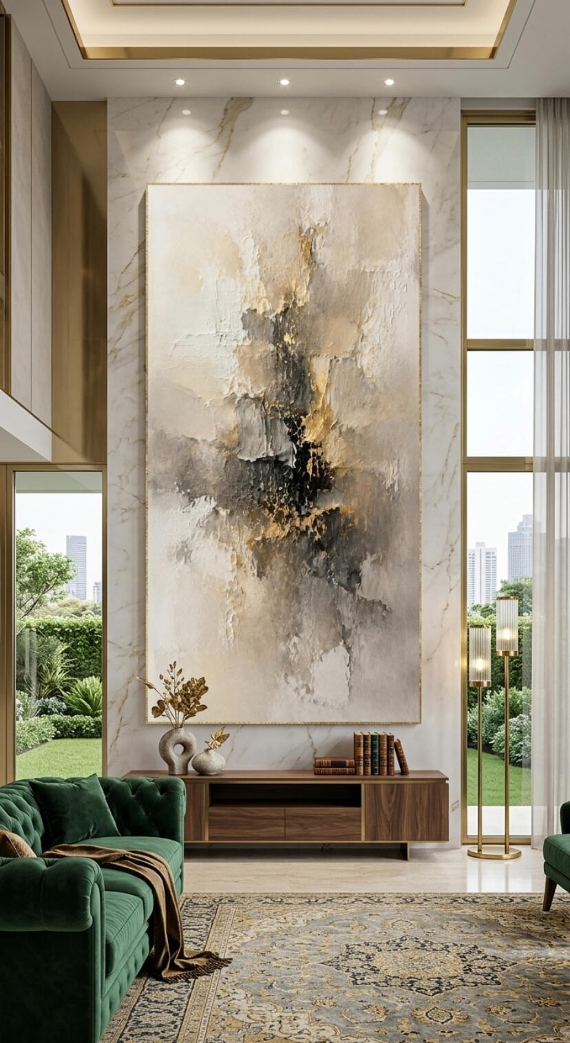 Tableau d'art numérique abstrait grand format avec des textures de peinture épaisse en relief, mélangeant l'or, le gris anthracite et le beige crème. L'œuvre est exposée dans un salon de grand luxe avec des murs en marbre blanc et un mobilier design en vel