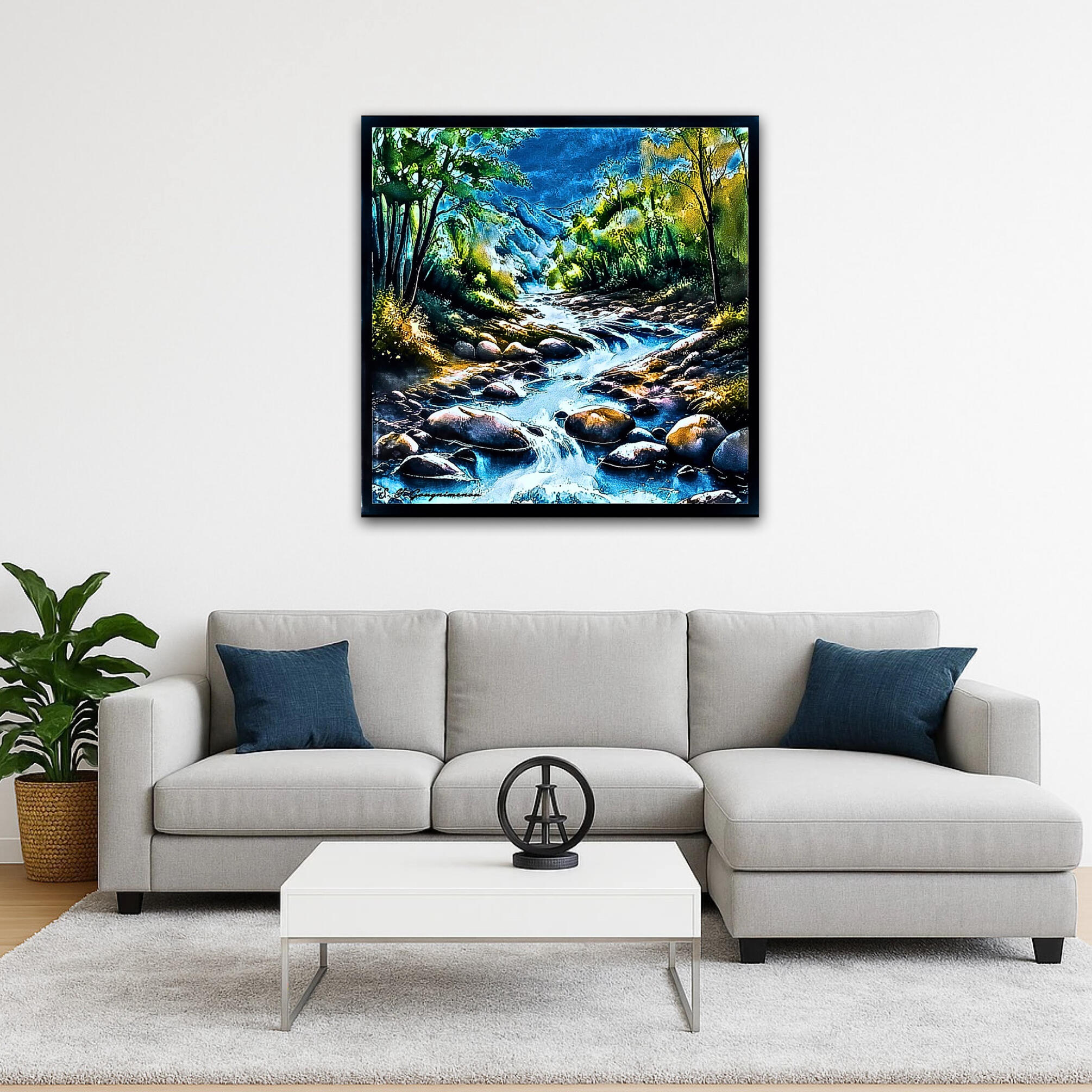 Un tableau numérique représentant une rivière sauvage coulant entre des rochers sous un ciel bleu profond. Les arbres environnants ont des touches de vert et de jaune, réalisé dans un style pictural texturé et apaisant.
