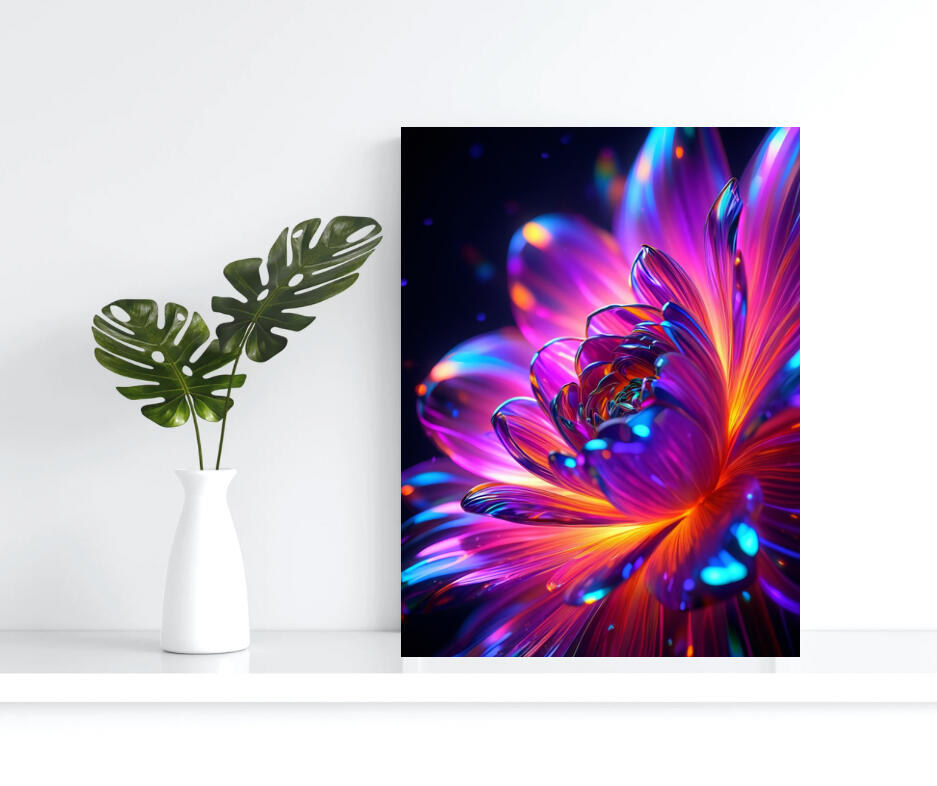 Illustration numérique d'une fleur fantastique vue de côté. Les pétales sont translucides avec des reflets bleu électrique et rose magenta sur un fond sombre, évoquant une esthétique futuriste et organique.
