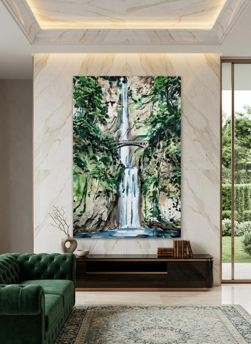 Peinture numérique d'une cascade monumentale avec un petit pont de pierre, présentée sous forme de tableau grand format dans un salon de luxe moderne. Style aquarelle aux tons verts profonds et bleus. Décoration murale élégante par Chashab Grapho, artiste