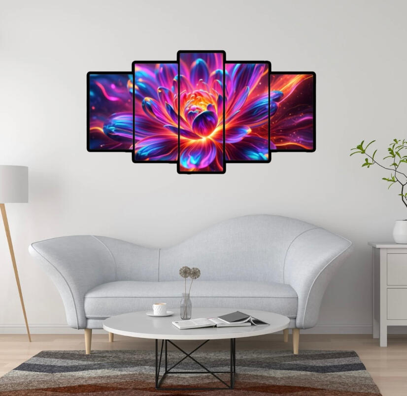Décoration d'intérieur moderne : tableau polyptyque d'une fleur de lotus abstraite et lumineuse au-dessus d'un canapé, par Chashab Grapho.