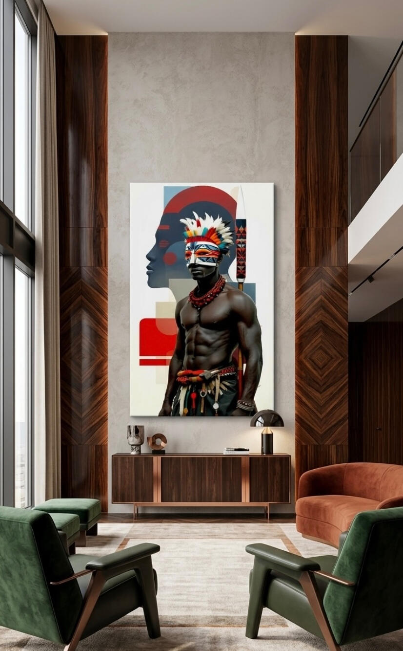 Illustration numérique de profil d'un homme africain avec parures traditionnelles et formes géométriques rouges, art moderne par Chashab Grapho.