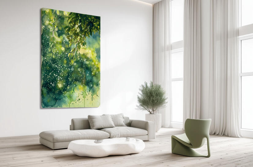 Tableau d'art numérique grand format représentant un feuillage abstrait en aquarelle avec des effets de lumière bokeh et des nuances de vert émeraude et jaune acide. L'œuvre est exposée dans un salon minimaliste blanc spacieux avec un mobilier organique et
