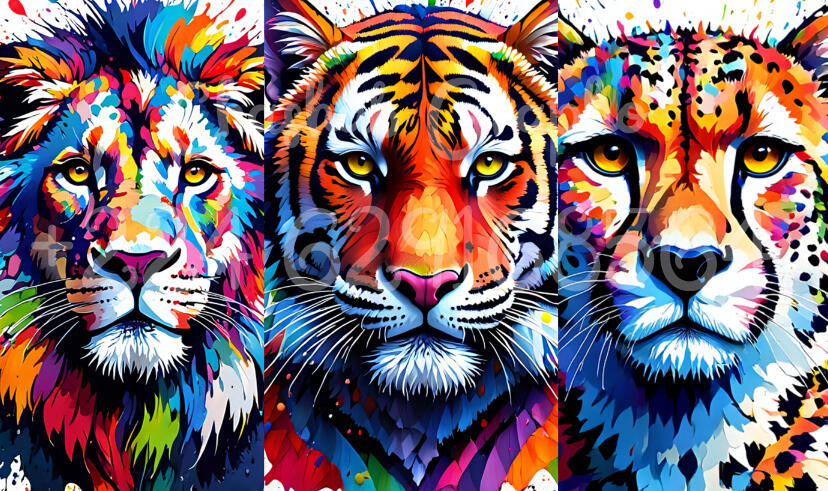 Un triptyque d'art numérique montrant les visages d'un lion, d'un tigre et d'un guépard. Les animaux sont représentés avec des taches de peinture multicolores vibrantes (bleu, jaune, rouge) sur un fond blanc, dans un style pop art moderne.