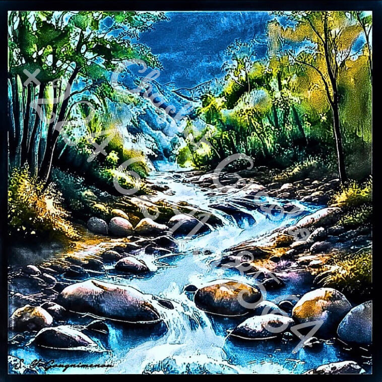 Art numérique paysage de rivière en forêt avec rochers et lumière solaire, style peinture à l'huile texturée par l'artiste visuel Chashab Grapho.