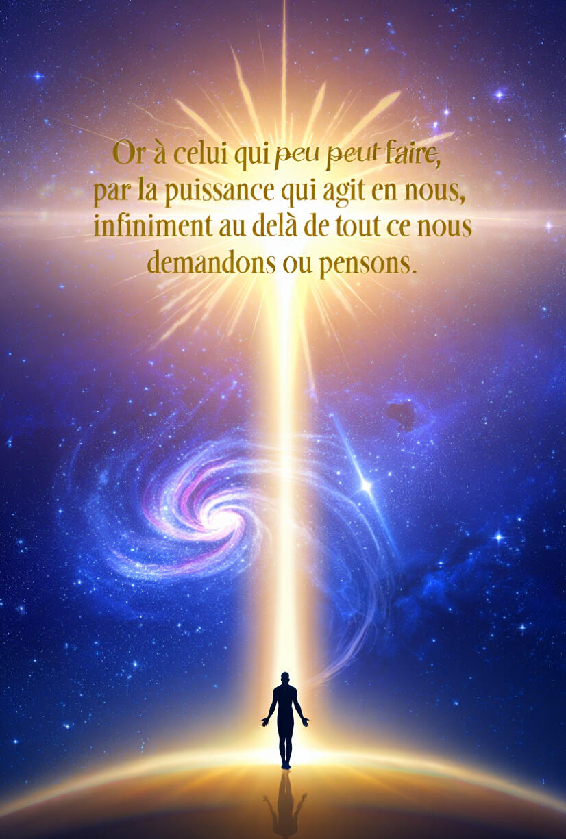 Une silhouette humaine debout sur une planète, face à une galaxie spirale bleue et une lumière divine éclatante descendant du ciel. Un texte sacré sur la puissance infinie surplombe la scène cosmique