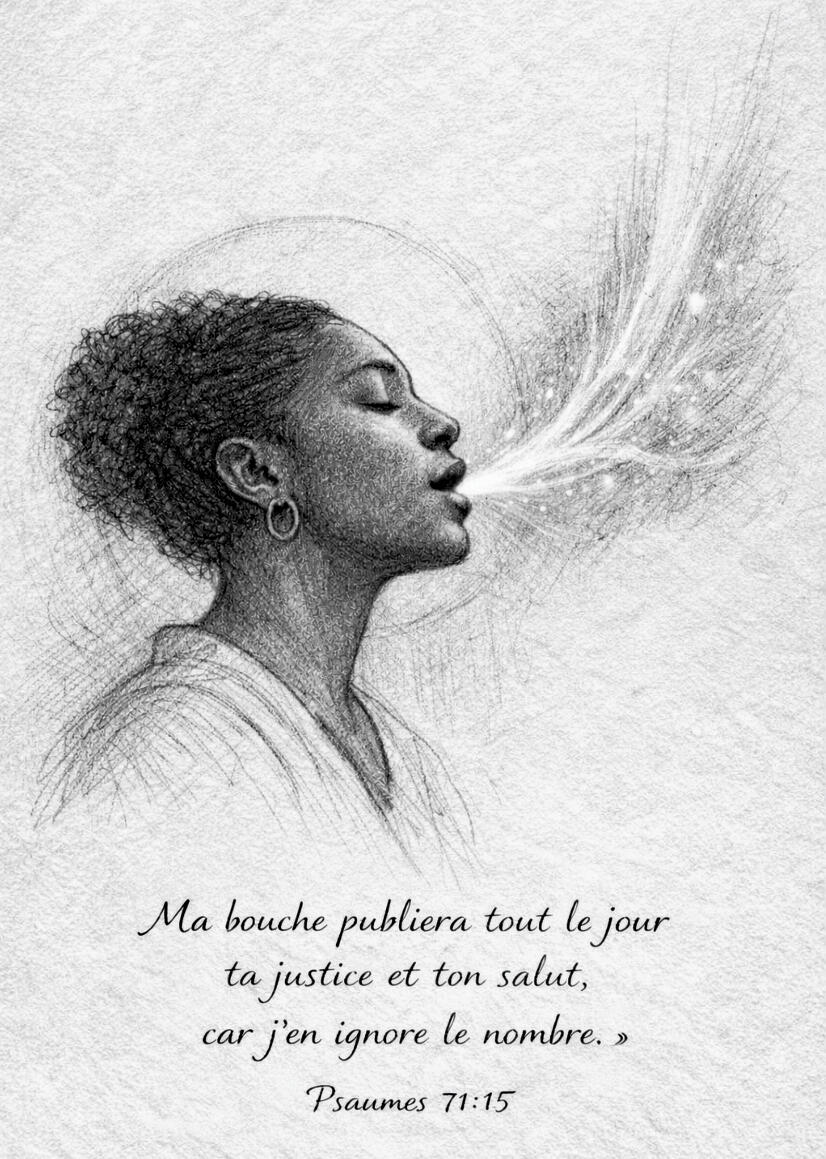 Dessin au fusain d'une femme de profil, les yeux clos, libérant un souffle lumineux par la bouche. En bas, le verset biblique Psaumes 71:15 est écrit en calligraphie élégante sur un papier texturé.