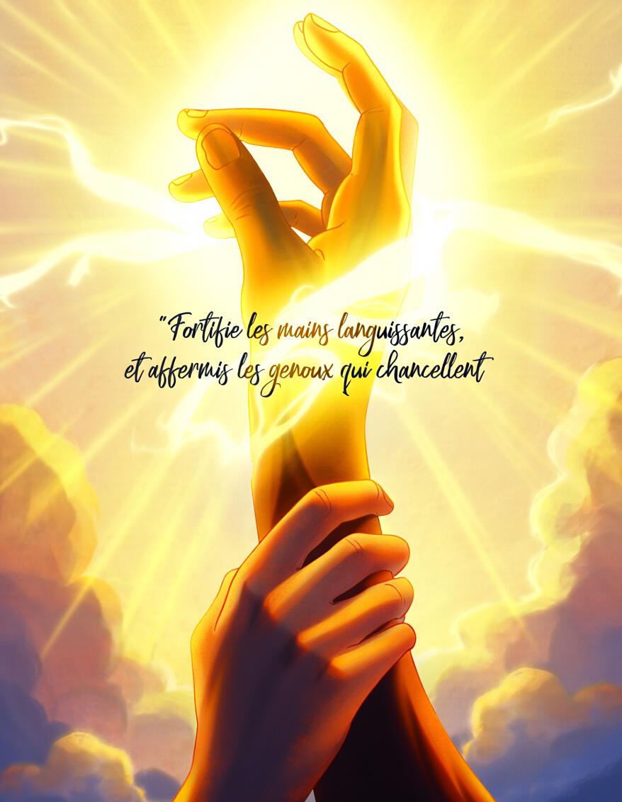 Une illustration lumineuse montrant une main en saisissant une autre pour la soutenir, entourée d'une aura solaire intense et de nuages. Le texte cite un message de fortification et d'affermissement dans un style graphique chaleureux.